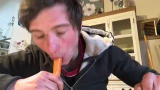 Hairy Teen Works a Carrot and a Cock in a Kinky Blowjob