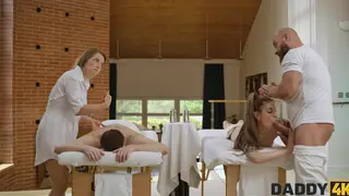 Brunette Cheats on Massage Table with Older Man
