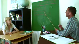 Blonde Student in Uniform Gives a Sloppy Deepthroat at Her Desk