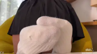 Dominant Woman Teases Feet in White Knee Socks on Table
