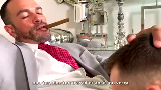 Tattooed Latino Employee Services Muscular Boss on Office Desk