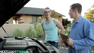 Muscular Mechanic Barebacks Slim Twink in Garage