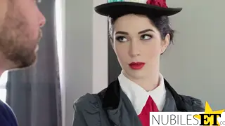 Hairy Brunette Cosplay Cutie Takes a Deep Throat Face Fuck
