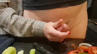 Tattooed MILF Gives a Kitchen Handjob Massage