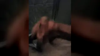 Latino Guy Strokes to Climax in Bathroom