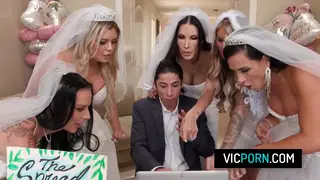 Group of MILFs Share One Guy in Wild Wedding Orgy