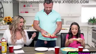 Busty Wife Kneels in Kitchen for Deep Throat Service