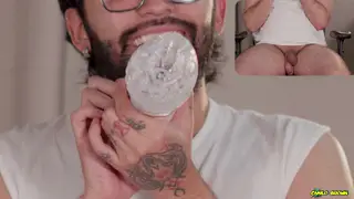 Mature Latino Bear Tests Vibrating Toy on Thick Uncut Cock