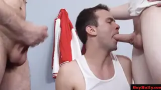 Muscular Coach Leads Bareback Threesome with Teens in Gym