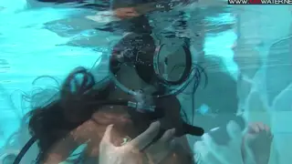 European Brunette Pisses Poolside in Public Nude Swim