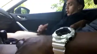 Straight Hunk Strokes His Thick Cock Outdoors While a Guy Watches