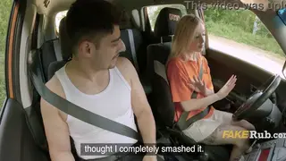 Blonde Student Rides Instructor on Car Hood Outdoors