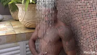 Hairy Latino Hunk Strips Poolside Under Open Sky