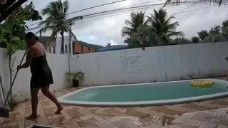 Busty Latina MILF Gives Poolside Blowjob at Club Party