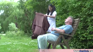 Petite Brunette Nurse Rides Her Older Patient Outdoors
