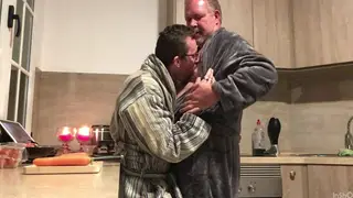Hairy Daddy Leads Bareback Gangbang in Kitchen