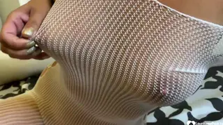Brunette MILF Masturbates in Fishnet Lingerie