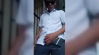 Asian Twink Strokes Outdoors in Uniform Until Cumshot