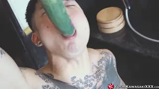 Japanese Tattooed Jock Stretches Wide With Toys