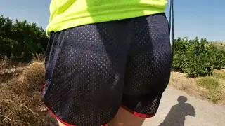 Slim European Twink Strokes Outdoors in Sheer Shorts
