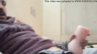 Amateur Guy Strokes His Big Cock With a Fake Vagina