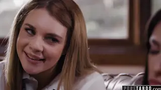 Busty Cheerleader and Petite Teen Share Lesbian Titjob and Oral