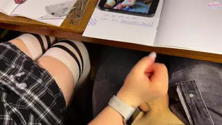 Schoolgirl Takes Control with Firm Handjob Under Desk
