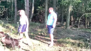 Petite Blonde MILF Kneels for Interracial Blowjob Outdoors