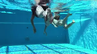 Two European Babes Strip to Lingerie and Play Lesbian Games by the Pool