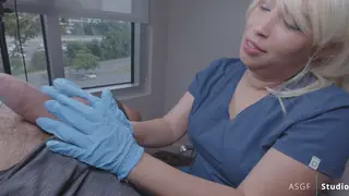 Nurse in Blue Uniform Milks a Patient with Gloved Hands