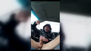 European Guy Strokes His Big Cock in a Car