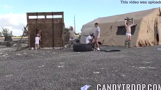 Ebony Cadets Share a Muscular Officer in a Military Orgy