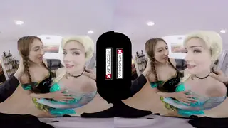 Blonde and Brunette Share Cock in VR Cosplay Threesome