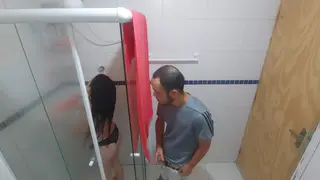 Latina Stepdaughter Deepthroats Husband in Bathroom