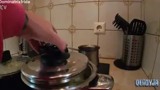 Tattooed Woman Teases Bare Feet in a Kitchen Cosplay
