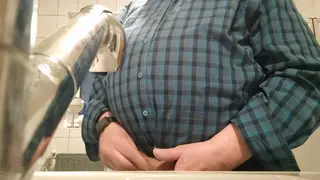 Chubby European Grandpa Pisses in a Locker Room Sink