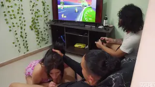 Busty Latina Rides Hard While Boyfriend Stays Close