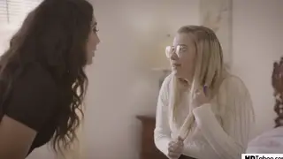 Stepsister and Friend Tease Blindfolded Stepbrother in Stockings
