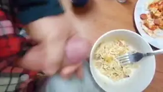 Latino Twink Strokes His Cock Over a Pasta Plate