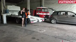 Busty Redhead Seduces Mechanic as Stepdaughter Observes