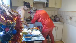 Blonde MILF and Teen Nanny Celebrate Holiday in Kitchen