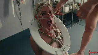 Bound Woman Swallows Loads in Bathroom Gangbang