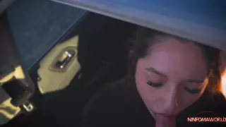 Stranger Takes Deep Blowjob in Car with Partner Watching