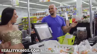 Busty Brunette Sucks Cock Deep in a Grocery Store