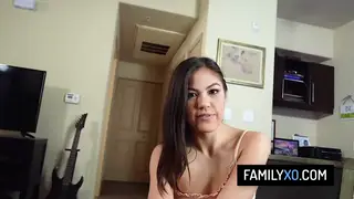 Stepdaughter Kneels for Stepdad and Rides Him Hard