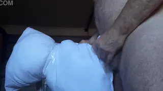 Chubby Mature Bear Strokes to Cumshot on Neighbor's Pillow