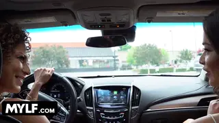 Brunette MILF Dominates Stranger With Strap-On in Car