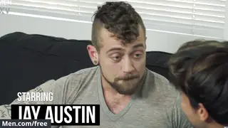Tattooed Hunk Takes Anal in a Rough Threesome on the Couch