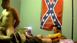 Twink Services Three Uncut Cocks in Bedroom Threesome