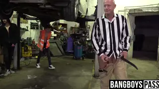 Mature Man Takes Multiple Young Cocks in Garage Threesome